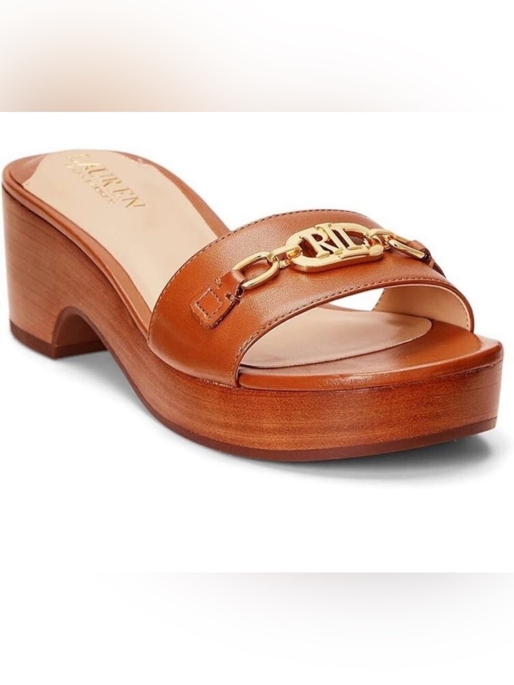 Ralph Lauren Tan Leather Slide with Gold Chain Emblem